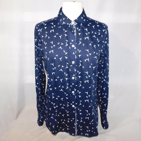Foxcroft Womens 6 Navy Blue White Seagulls Button Front Wrinkle Free Blouse - Picture 1 of 13